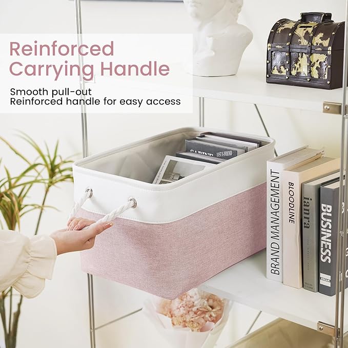 Large Storage Baskets- 15x11x10 inch Storage Bins for Shelves and Closet Organizing, Foldable Fabric Bin for Home Organization Clothes and Laundry (1-Pack, White&Pink)