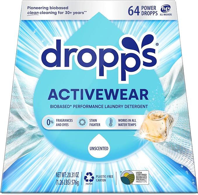 Dropps Activewear Laundry Detergent Pods, Unscented (64 Count) - Free & Clear | Fights Sweat & Body Odors | For Synthetic Workout Clothes | Clean Ingredients | Plastic Free Packaging