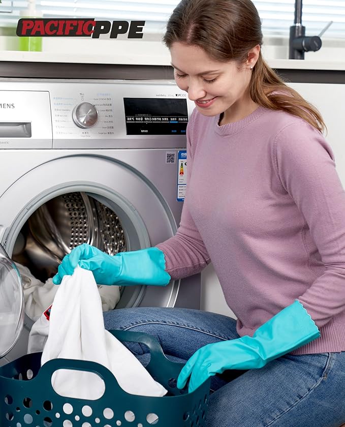 PACIFIC PPE 4 Pairs Reusable Dishwashing Cleaning Gloves with Latex Free, Cotton Lining, Kitchen Gloves, Green, Large