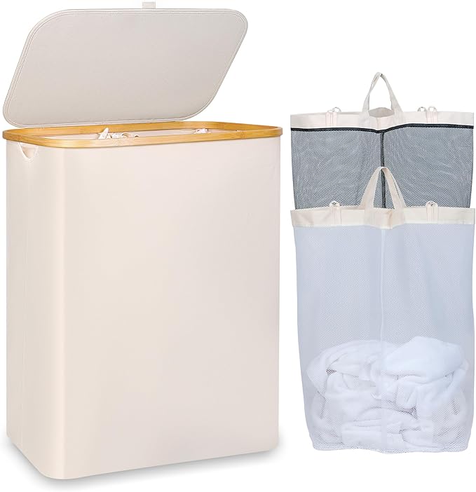 iEGrow 150L Laundry Basket with Lid, Large Laundry Hamper with Bamboo Handle, Collapsible Dirty Clothes Hamper Organizer with 2 Removable Inner Bags for Clothes Toys Towels - Beige