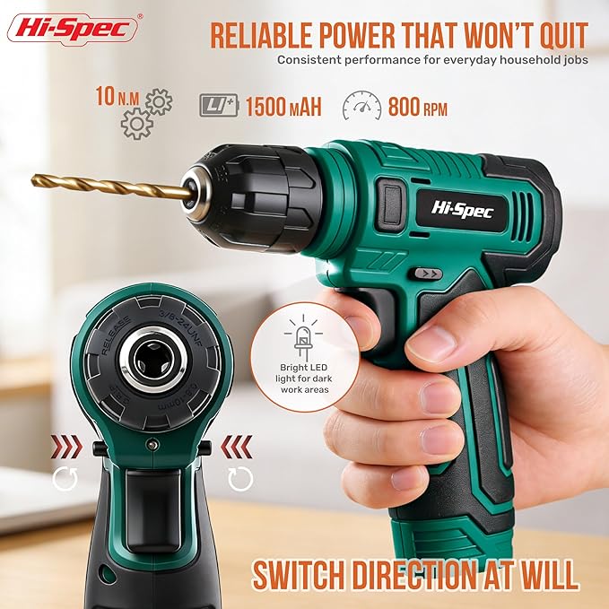 Hi-Spec 8V USB Power Drill Driver and Complete Home Tool Kit Set. Cordless & Rechargeable Electric Drill Driver and Compact Hand Toolbox Set, Green