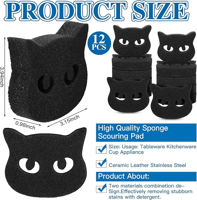 Tioncy 12 Pack Black Cat Sponges Bulk Dual Sided Scrubber Sponges Dishwashing Non Scratch for Cat Kitchen Accessories Dish Scouring