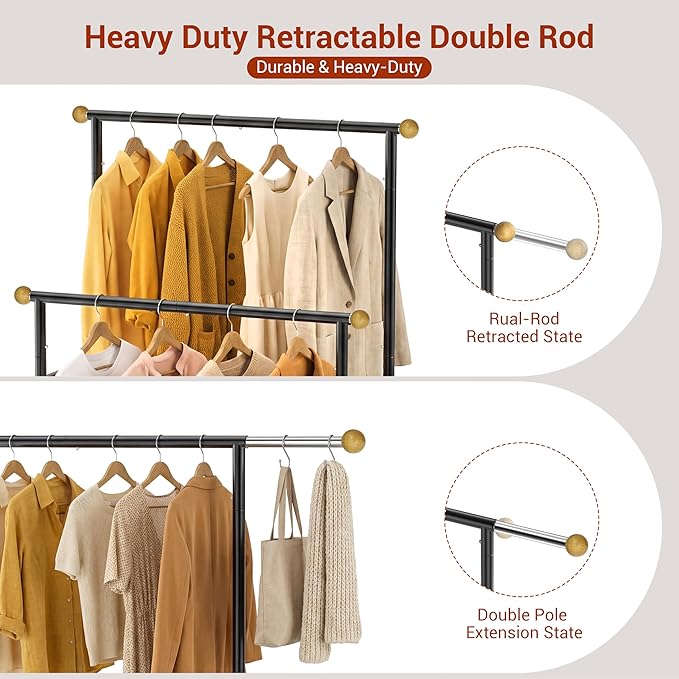 Rolling Garment Rack - Double Rod Clothes Rack with Lockable Casters, Mesh Storage Shelf & Anti-Slip Wooden Finials accented - Sleek Black Freestanding Closet Organizer for Coats, Dresses