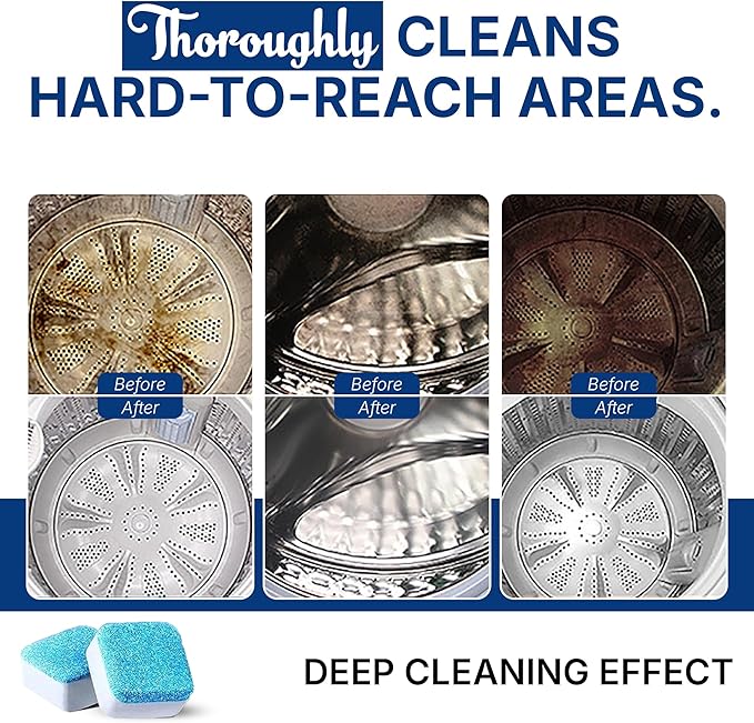 Washing Machine Cleaner Tablets – 24-Pack Deep Cleaning & Descaler for HE, Front Load & Top Load washer cleaner tablets, Septic-Safe, 12-Month Supply