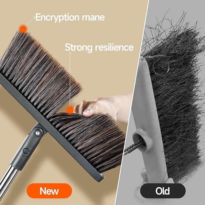 CTIME Broom and Dustpan Set, Extra Brush Head & 52" Adjustable Long Handle Standing Dustpan Set, with Dust Pan Teeth to Clean Pet Hair, Easy Sweeping Suitable for Home Kitchen Office Lobby