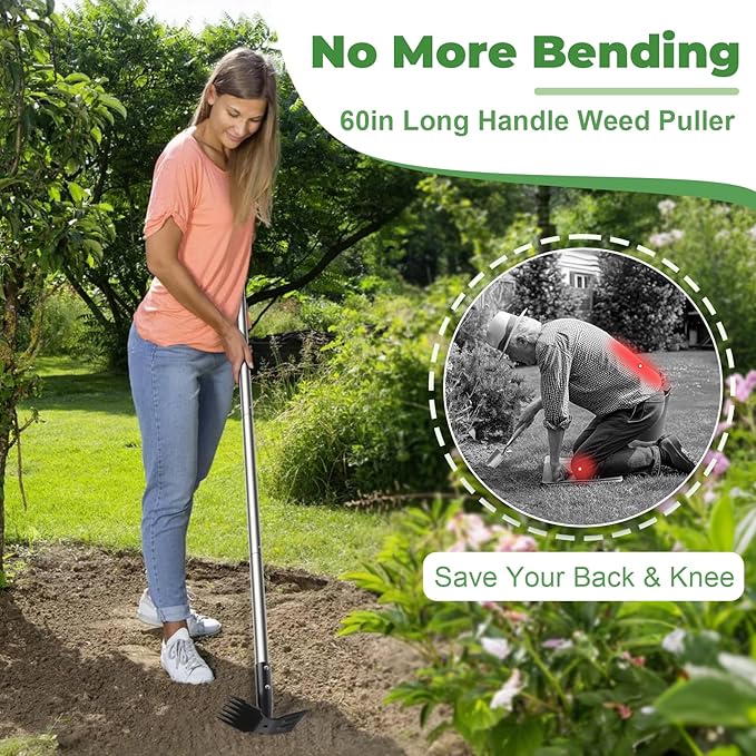 Weed Puller Tool with Long Handle, 60" Weed Remover Tool, 2 in 1 Weed Rake & Garden Hoe for Weeding, Weeder Tool with Detachable Handle, Uprooting Weeding Tool for Yard, Lawn, Patio, Garden