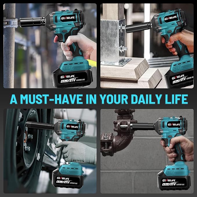 GEVEELIFE 450N.m/332Ft-lbs Brushless Impact Wrench,1/2" Cordless Impact Gun with 4.0Ah Battery & 4 Sockets, Electric Impact Driver for Car/DIY Furniture/Lawn Mower/blue (450N)