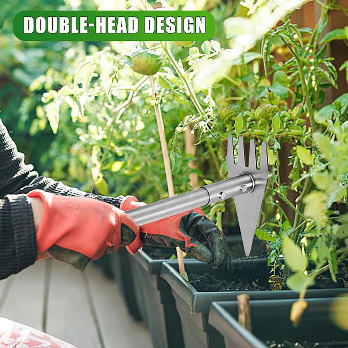 Dual Headed Hoe Garden Tool, Adjustable Long Handle Weed Puller, Stainless Steel Hoe Cultivator and Weed Rake Gardening Tool, for Gardening Planting, Weeding, Digging, Loosening Soil