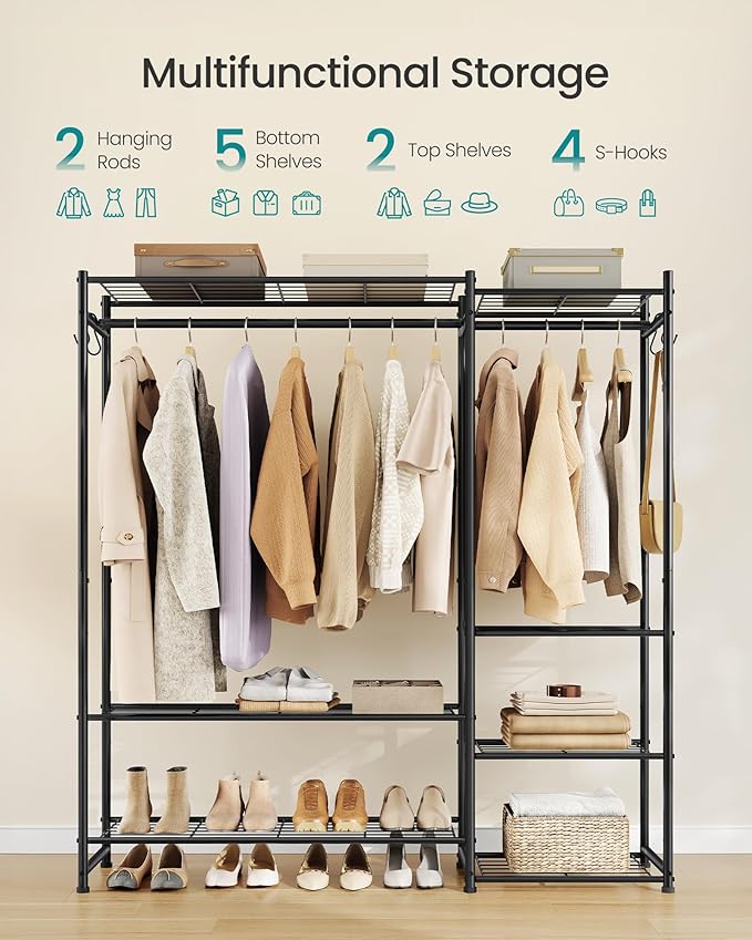 SONGMICS Portable Closet Wardrobe, Clothes Rack, Closet Organizers and Storage, Freestanding Clothing Rack with 7 Shelves, 2 Hanging Rods, Metal Frame Rack, for Bedroom, Entryway, Black ULGR010BZ03S