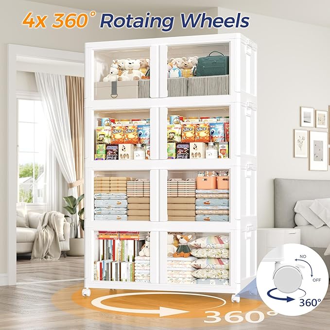 360Qt Stackable Storage Bins with Lid and Wheels, 90Gal Plastic Closet Organizer and Storage Drawer, Large Collapsible Storage Box Cabinet with Clear Door for Home Kitchen Office, 3Pack White