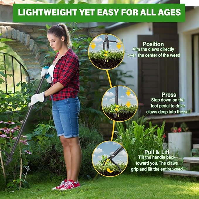 Weed Puller Tool, 4 Claw Stand Up Manual Weeder, Heavy Duty Weeding Tool with 60 inch Long Handle,Steel Head,Uprooting Dandelion Removal Gardening Tools for Farm Lawn Grass Removal