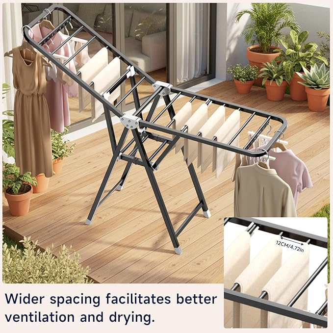 MIKEE Clothes Drying Rack,Foldable Laundry Drying Rack for Indoor & Outdoor Use，with Height-Adjustable Wings，2-Tier Clothes Rack with Windproof Hanging Holes and Wheels，132 lbs