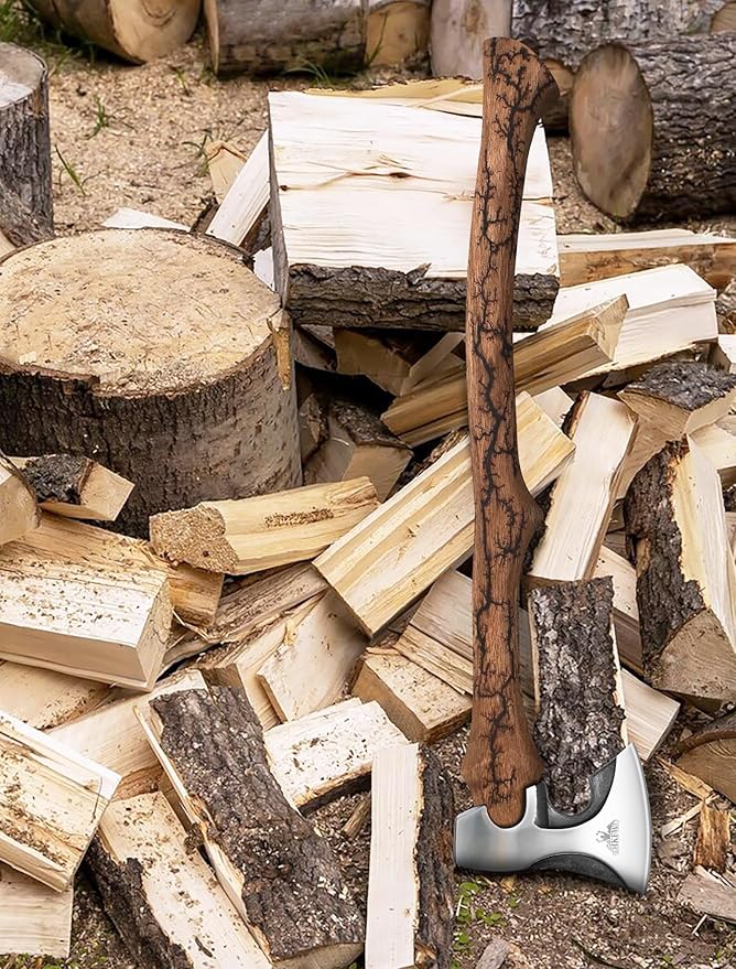 27.8" Splitting Axe, Wood Splitting Axe with Lichtenberg Pattern Wood Handle, 1065 High Carbon Steel Chopping Axes with Leather Sheath and Sharpening Stone for Chopping Firewood