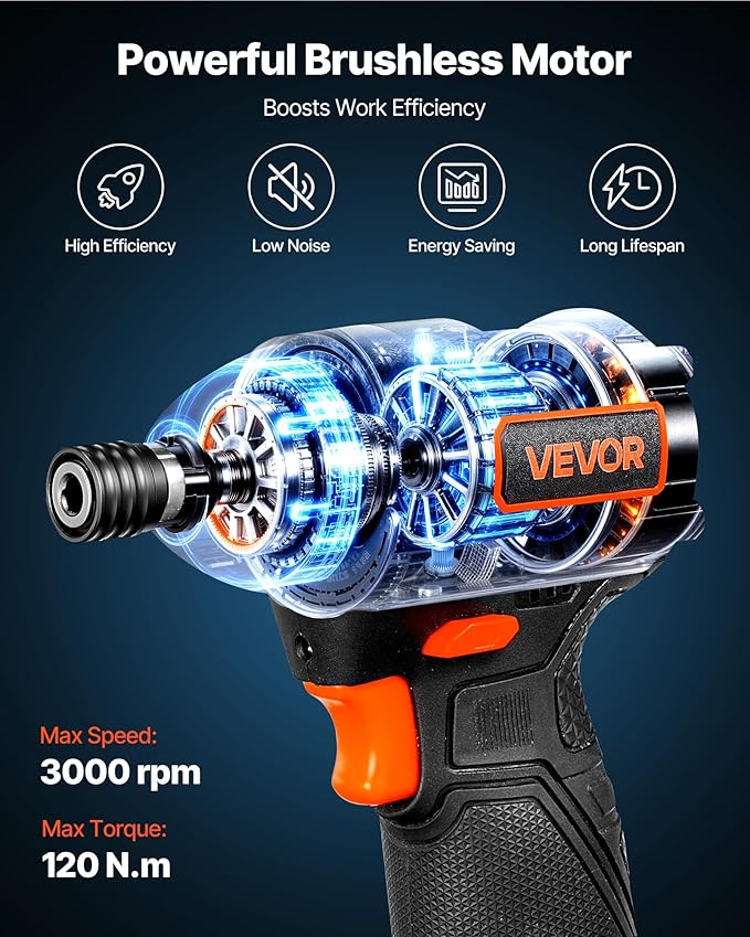 VEVOR Impact Driver, 1/4 Inch, 3000 RPM Max Speed, 12 V Brushless Motor, Electric Cordless Impact Driver Kit with Battery and Charger, 20 Bits, LED Work Light, for Furniture, Electrical, Home Repairs