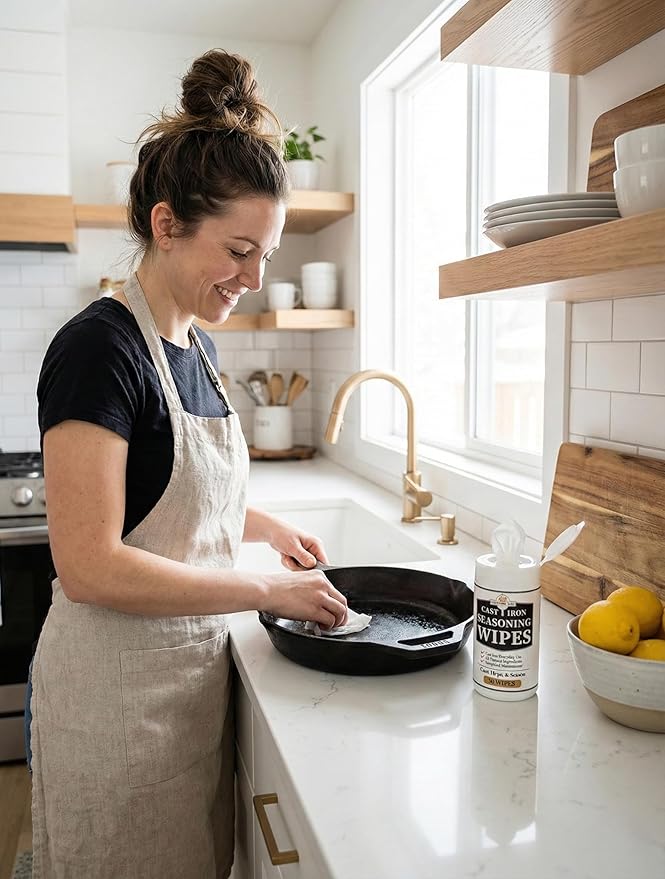 Cookware Care Cast Iron Seasoning Oil Wipes, 50 Wipes, Made in USA with Grapeseed Oil for Cast Iron Skillet, Blackstone Griddle (1 pack)