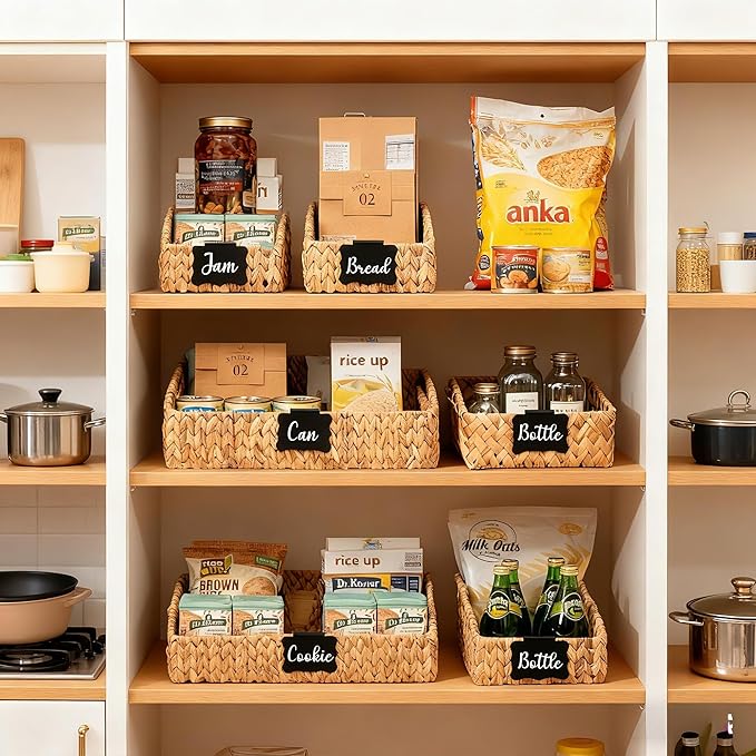 Pantry Organizers and Storage Baskets for Organizing with Handles, Large Wicker Storage Baskets for Shelves, Laundry-Water Hyacinth Storage Bins, Boho Decorative, 3Pack,Natural