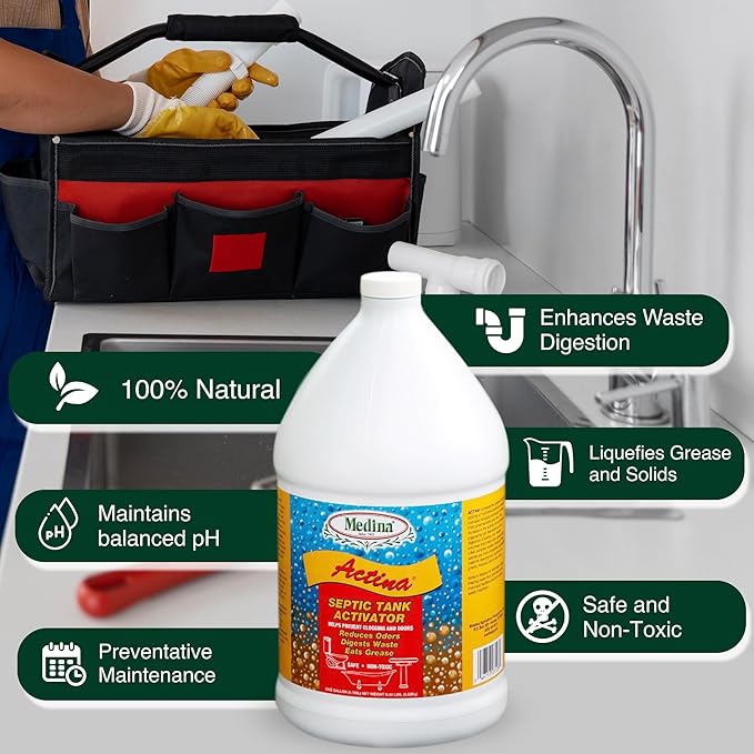 Medina Actina Toilet Clog Remover - Natural Sink Drain Cleaner Liquid for Effective Waste Digestion and Odor Control - Reduced Maintenance in Shower Drain Clog Remover (128 OZ)