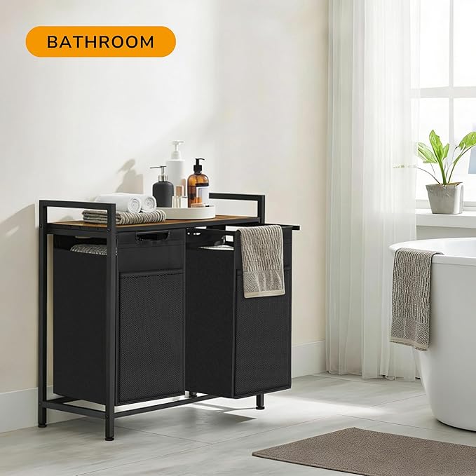 Laundry Hamper with Shelf, Laundry Basket with 2 Pull-Out Removable Bags, 2 x 13.1 Gallons(99L), Metal Frame, Lockable Wheels, for Laundry Room and Bedroom