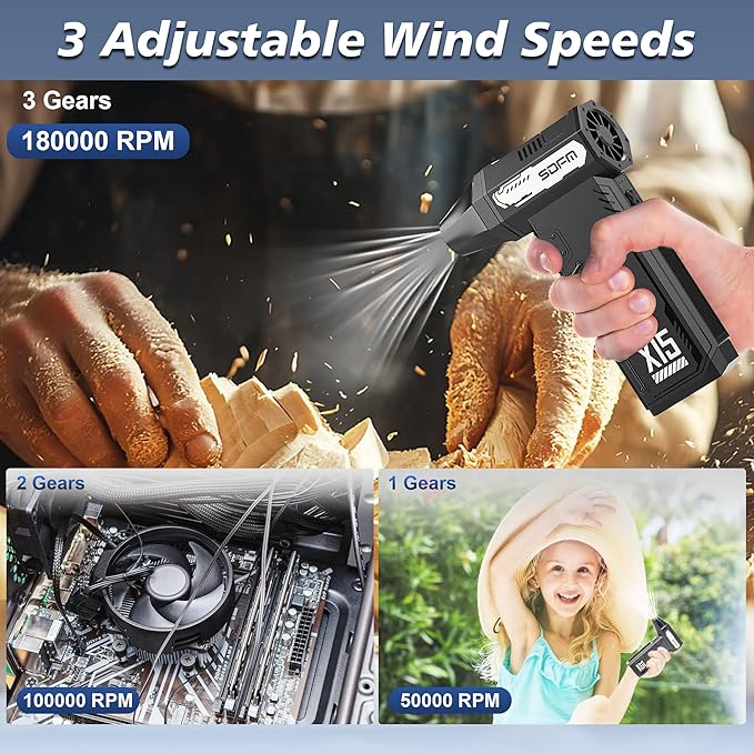 SDFM Compressed Air Duster - 180,000 RPM Snow Blower - with Brushless Motor, 3-Gear Adjustable Air Duster - for Keyboard, PC, Car, Air Bed, and Home Cleaning (X15)