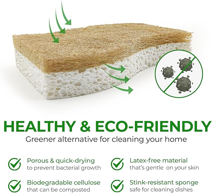 Natural Kitchen Sponges (12 Pack) - Biodegradable Cellulose & Coconut Scrubber Dish Sponges for Kitchen - Eco-Friendly, Non Scratch, Compostable, Non Toxic S-Shaped Natural Sponges for Dishes