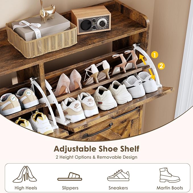 Nicetree Shoe Cabinet with 4 Flip Drawers, Freestanding Shoe Storage Cabinet with Metal Legs, Farmhouse Narrow Shoe Rack Cabinet for Entryway, Foyer, Hallway, Rustic Brown