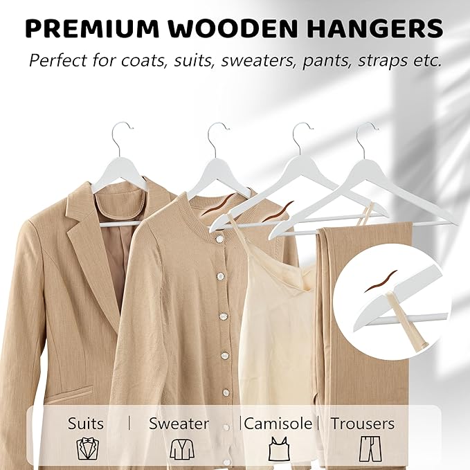Edergoo Wooden Hangers 20 Pack, Smooth Wood Hangers with 360° Swivel Hook & Notches, Slim Coat Hanger Wooden for Closet, White