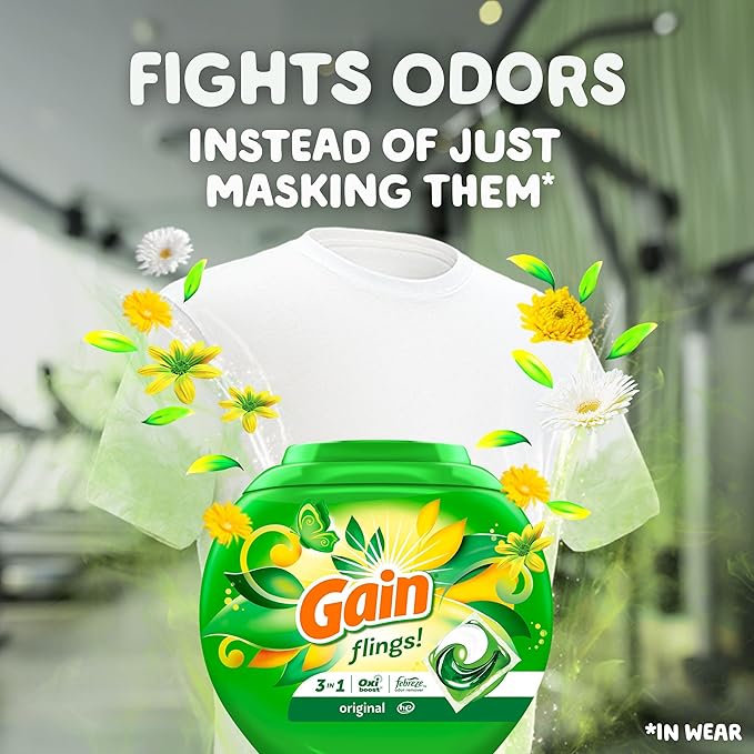 Gain Flings Laundry Detergent Pacs, 102 Count, Original Scent, with Odor Defense, concentrated laundry soap pacs