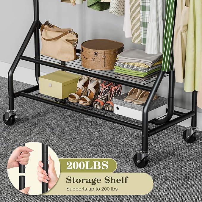 Holiwei Clothes Rack with 2 Shelves, Heavy Duty Garment Rack Load 450 LBS, Standing Rolling Metal Hanging Clothes with Sturdy Wheels & Shelves