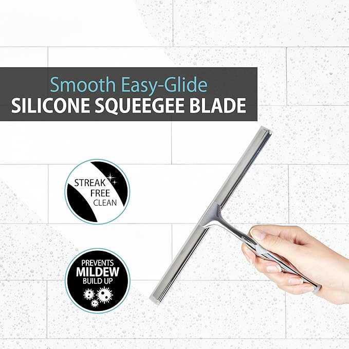 Better Living Deluxe Shower Squeegee, Multi-Purpose Silicone Squeegee Blade with Storage Hook, Rust-Proof Heavy Duty Window, Glass Shower Door Scrubber, Windshield Wiper, 10", Chrome