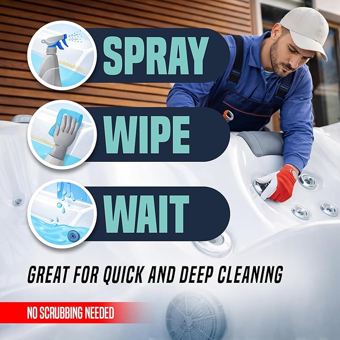 Hot Tub Surface Cleaner – Fast Acting Formula, Easy Spray & Wipe Use, For Acrylic, Vinyl, Fiberglass, Inflatable, Swim Spa & Jet Tubs, Removes Dirt, Grime & Waterline Residue – Made in USA, 16 oz