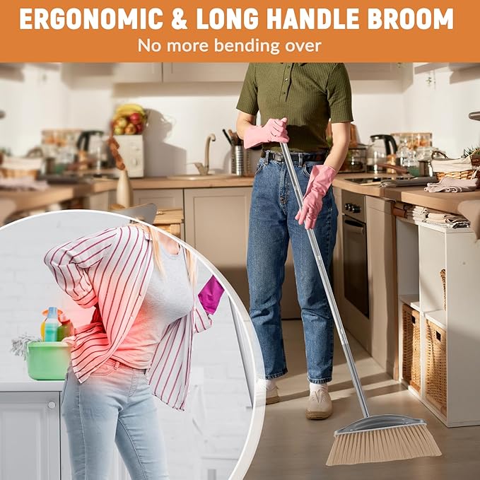 VOOWO Broom with Dustpan Combo Set, 46" Stainless Steel Broom and Dustpan Set for Home, Heavy Duty Dust Pan with Long Handle, Broom for Sweeping Indoor and Outdoor, Kitchen Broom and Dust Pan (Khaki)