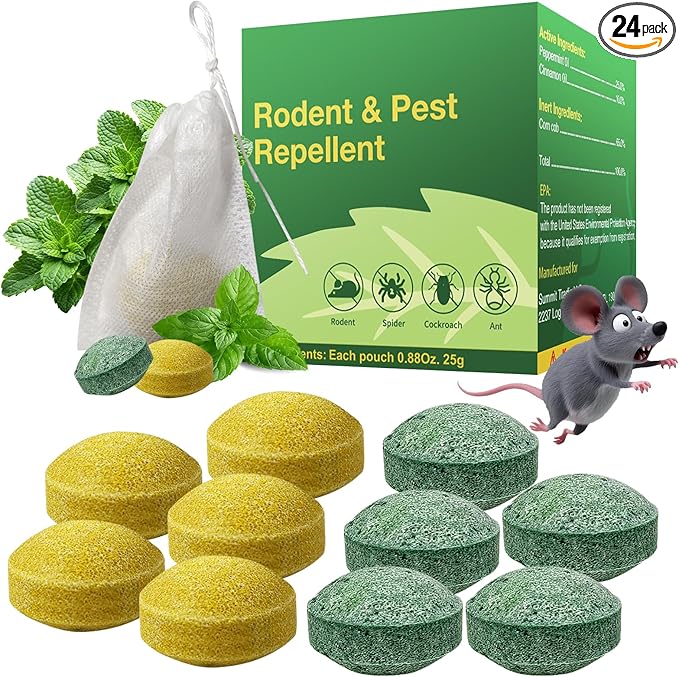 Peppermint Mice Repellent - Natural Mouse Deterrent for Home, Car, Garage Garden - Long-Lasting, Safe for Kids & Pets, Eco-Friendly Formula.(24 Pack)