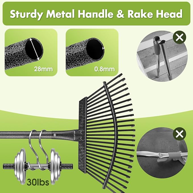 INFLATION Garden Rake for Leaves Heavy Duty Women Men Grandpas for Lawns,79” Length 18” Width Adjustable 25 Tines Sturdy Metal Yard Leaf Rakes with Non-Slip Comfortable Smooth Long Handle