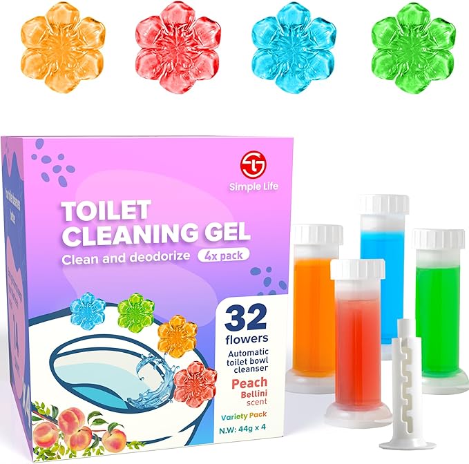 Simple Life Toilet Gel Stamp – Fresh Flower Scent, Anti-Limescale Toilet Cleaner Gel, Deodorizing & Long-Lasting Freshness, 32 Stamps Variety Pack