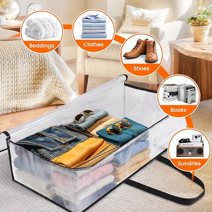 TasticTotes 4 Pack Long Clear Storage Bags for Comforter, Clothes & Bedding, Plastic Blanket Storage with Zipper and Handle, Moving Bags, Closet Organizer and Under-Bed Storage (90L, 39.4"*7.1"*19.7")