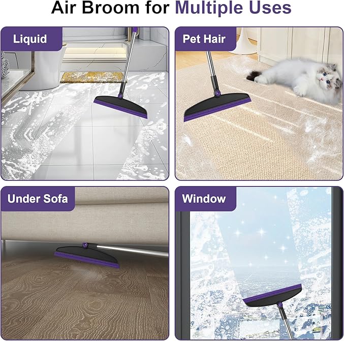Broom with Dustpan Combo Set and Silicone Air Broom Kit, 51" Long Handle Floor Squeegee, Purple Household Kit for Glass Window Rugs Pet Hair Home