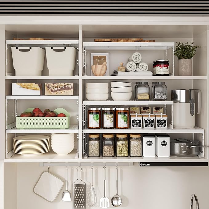 Jojocross Adjustable Stackable Metal Storage Shelf Organizer - Expandable Wire Rack with Perforations for Kitchen, Pantry, Bathroom, Cabinet & Office-Compact, Durable & Sturdy (2PACKS/Large/White)
