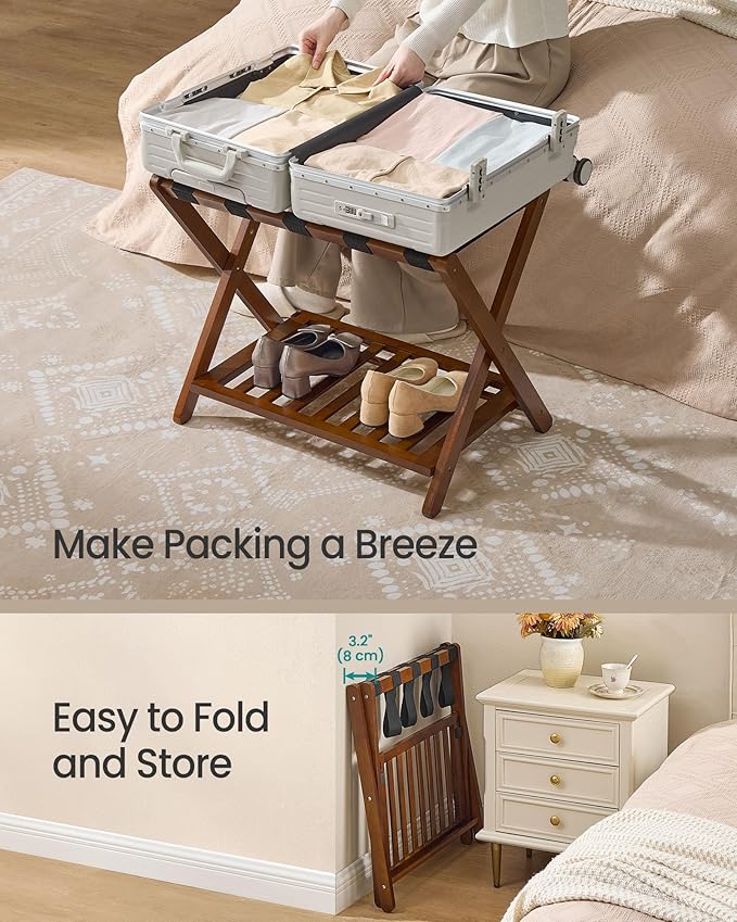 SONGMICS Solid Wood Luggage Racks, Set of 2, No Assembly Required, Foldable Suitcase Stand, Luggage Holder, with Storage Shelf, for Guest Room, Hotel, Bedroom, Coffee Brown URLR021K01