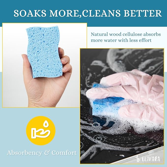 Kitchen Sponges – 12 Pack – Non-Scratch Dual-Sided Cellulose Scrub Sponges for Dishes, Pots, and Pans – Durable, Absorbent, and Reusable (Dark Blue/Light Blue)
