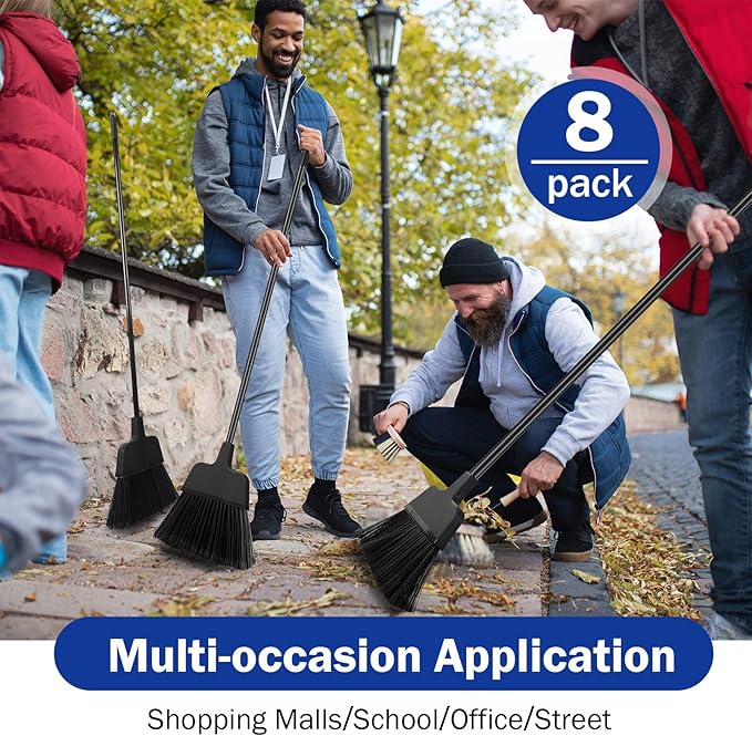 8 Pcs Outdoor Broom for Floor Cleaning 54 Inch Commercial Heavy Duty Broom Long Handle Kitchen Household Angle Brooms for Sweeper Sweeping Indoor Dust Hair Cleaner Corn Shop(Black)
