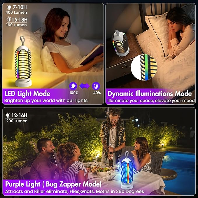 Bug Zapper Outdoor with Colorful Lighting and Auto-Sensing, 3 in 1 Cordless 4000mAh Battery Electric Fly Trap, Rechargeable Mosquito Zapper for Camping, Patios, Garden, Kitchen (2Pack-Black)