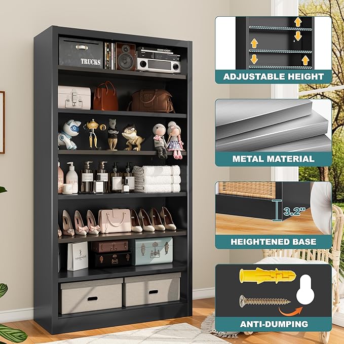 55" Storage Cabinet with 6 Adjustable Shelves (8 Tiers Total), Metal Shelving Unit for Garage, Pantry, Office – Easy Assembly, Durable Freestanding Organizer (Black, 7 Tier-55"H x 27.6"W x 11.8"D)