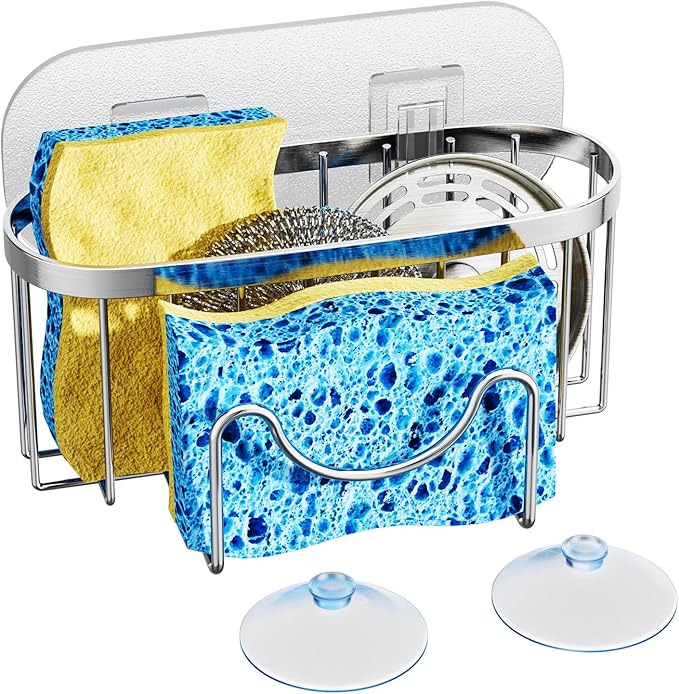 HapiRm Multifunctional Adhesive Kitchen Sink Organizer with M-Shaped, 2 Installation Methods Kitchen Sponge Holder, Rustproof Sponge Caddy for Brush, Sink Stopper and Scraper -Silver