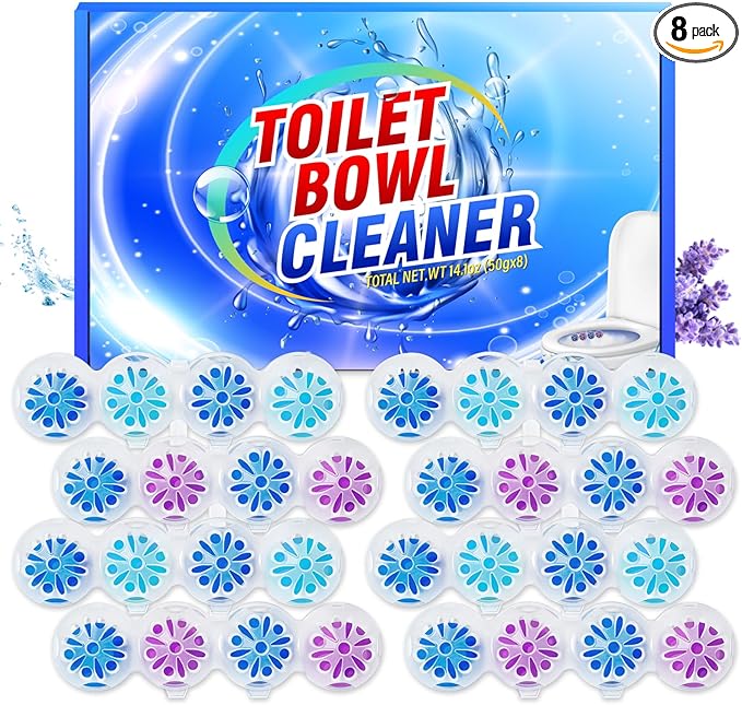 SCENTORINI 4-in-1 Toilet Bowl Cleaner Rim Hanger, Hanging Automatic Toilet Bowl Freshener, 4 Ocean & 4 Lavender Scent, Toilet Bowl Cleaning Balls Long-Lasting up to 30 Days