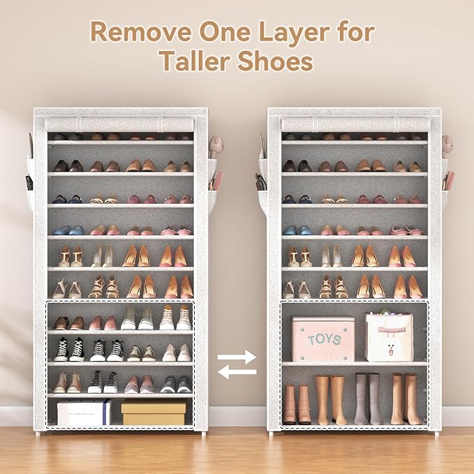 ROJASOP 10 Tier Shoe Rack with Covers Large Capacity Stackable Tall Shoe Shelf Storage for 50-55 Pairs Shoe and Boot, Sturdy Free Standing Shoe Rack Organizer for Closet, Entryway, Bedroom, Printing