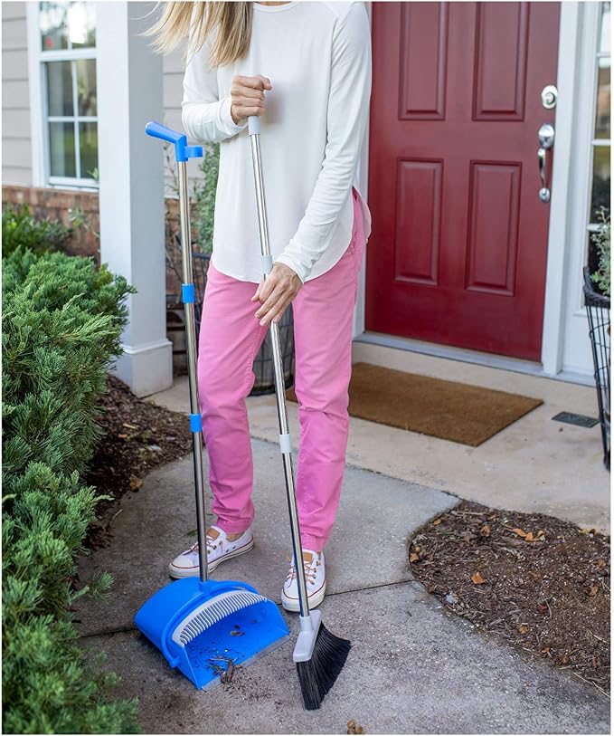 BristleComb Outdoor Broom & Dustpan Set Upright, 49" Long Adjustable Broom, Long Handle, Self-Cleaning Comb & 2 Interchangeable Heads of Different Stiffness - Medium and Coarse