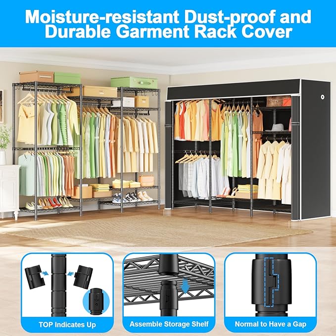 Ulif E13C Heavy Duty Closet Organizer System，Freestanding Clothing Racks for Hanging Clothes，Adjustable Garment Rack 63" W x 16" D x 77" H Hold 960 lbs，Black Clothing Rack with Black Dustproof Cover