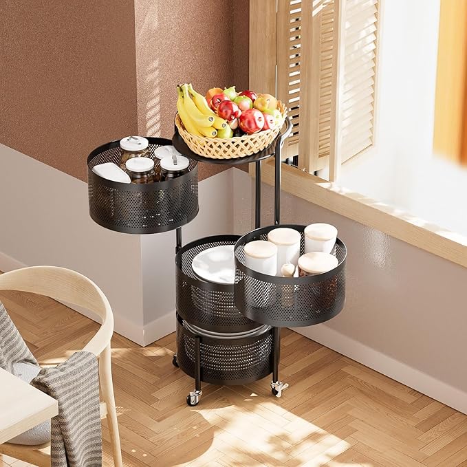 JAQ No Assembly Integrated Vegetable Storage Rack, 4-Tier Rotating Fruit Basket with Wheels, Solid Carbon Steel Kitchen Storage Cart for Potato Onion Produce, Fruteros para Cocina, Black