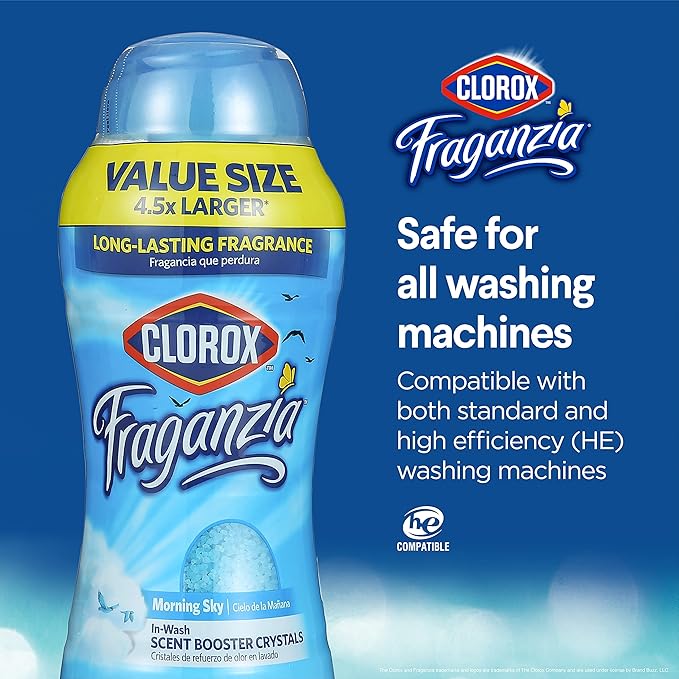 Clorox Fraganzia Laundry Scent Booster Crystals, In-Wash Fragrance Beads for Fresh-Smelling Clothes & Linens, Safe for All Fabrics & Colors, Easy-Pour Bottle, Morning Sky Scent, 70 Oz - 6 Pack