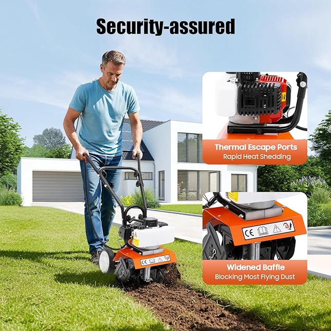 Rototiller Gas Powered, 43CC 2-Cycle Garden Tiller, Mini Tiller for Gardening with 4 Steel Adjustable Front Tines for Lawn, Garden and Field Soil Cultivation, Furrowing
